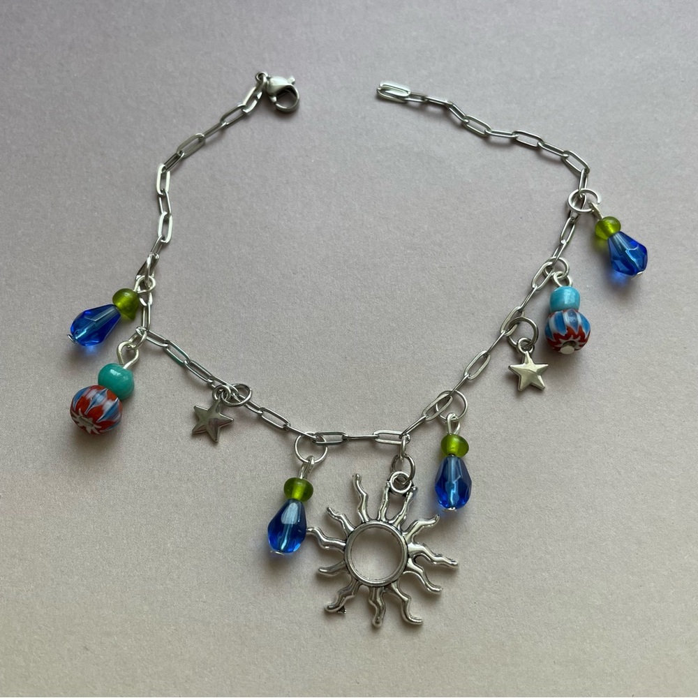 Silver Sun Stars Charm Anklet/Bracelet with Blue and Green Beads - Picture 2 of 3